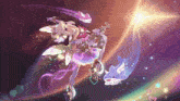 a girl in a pink dress is holding a guitar and a shark is flying around her