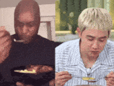 two men are eating food with spoons and one has blonde hair
