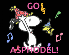 a cartoon of snoopy wearing a party hat with the words go asphodel
