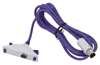 a purple cord with a white connector that says ' nintendo gamecube ' on it