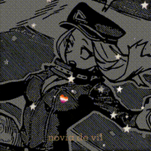 a black and white drawing of a woman wearing a hat and shield