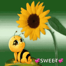a cartoon bee is sitting next to a sunflower with the words sweet written underneath it