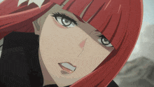 a close up of a girl with red hair and green eyes