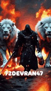 a man holding a sword is surrounded by two white lions and the text 72devan47