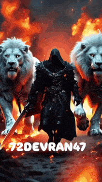 a man holding a sword is surrounded by two white lions and the text 72devan47