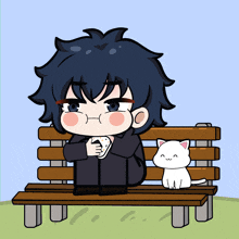 a cartoon of a boy sitting on a bench with a white cat