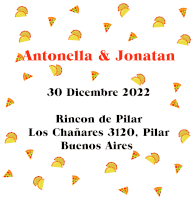 an advertisement for antonella and jonatan with tacos and pizza slices