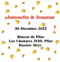 an advertisement for antonella and jonatan with tacos and pizza slices