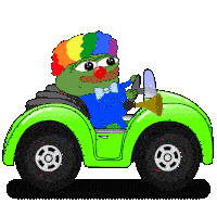 a clown is driving a green car with a trumpet