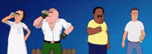 a group of cartoon characters are standing next to each other drinking and holding cans