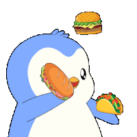 a penguin is holding a hamburger and a taco