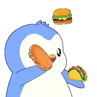 a penguin is holding a hamburger and a taco