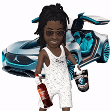 a man with dreadlocks is holding a bottle and a bag of cake