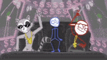 a cartoon drawing of a raccoon a stick figure and a stick figure dancing