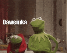two kermit the frogs are standing next to each other with the words " nomisek " and " daweinka " on the bottom