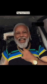 a man with a beard is wearing a watch and a gold chain around his neck