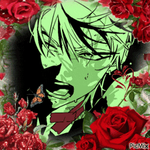 a picture of a man with roses and a butterfly on his face