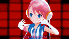 a cartoon girl wearing headphones and a blue and white striped outfit