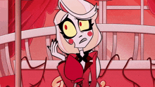 a cartoon character with big yellow eyes and a red shirt