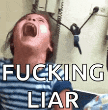 a child is screaming with the words " fucking liar " written above him