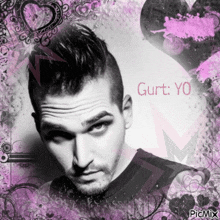 a black and white photo of a man with gurt yo written in pink