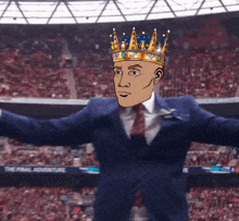 a man in a suit and tie with a crown on his head stands in front of a banner that says final adventure