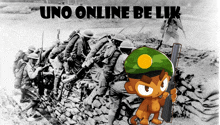 a black and white photo of soldiers with the words uno online be lik on the bottom