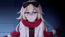 a girl with blonde hair and blue eyes wearing a red scarf