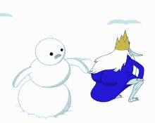 a cartoon character is kneeling down next to a snowman .
