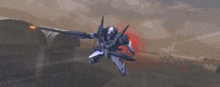 a robot is flying through the air and shooting a sword .