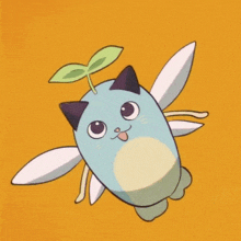 a cartoon drawing of a cat with wings and a green leaf on its head