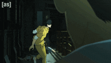 a man in a yellow shirt is jumping over a man in a blue jacket with the words [ as ] on the bottom