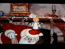 a cartoon of santa claus and homer simpson in a room
