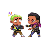 a cartoon of a boy with green hair and a woman with purple hair