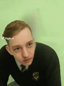 a young man wearing a black sweater and tie is looking at the camera with a green background and the words viggle.ai visible