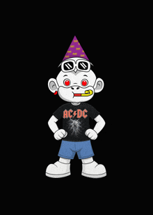 a cartoon character is wearing a purple party hat and a black shirt that says ac dc