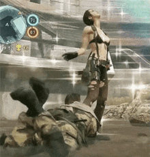 a woman in a bikini is standing next to a man in a video game with a score of 71