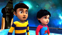 two cartoon characters are standing next to each other and one has the letter s on their shirt