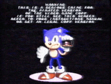 sonic the hedgehog giving a thumbs down while holding a video game