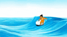 a cartoon of a man riding a wave on a surfboard in the ocean .