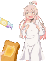 a girl in a white dress stands next to a slice of toast