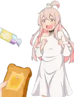 a girl in a white dress stands next to a slice of toast