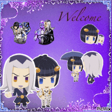 a purple background with cartoon characters and the word welcome on it