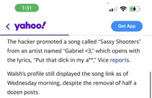 the hacker promoted a song called " sassy shooters " from an artist named " gabriel < 3 " which opens with the lyrics