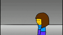 a cartoon character with brown hair and a blue scarf is standing in front of a wall .