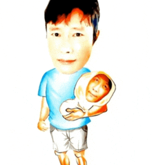 a caricature of a man holding a baby with his face on it