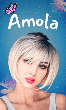 a woman with a butterfly and the word amola on the bottom