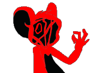 a drawing of a red and black cartoon character with a black face