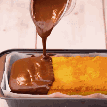 chocolate is being poured on a piece of cake in a pan