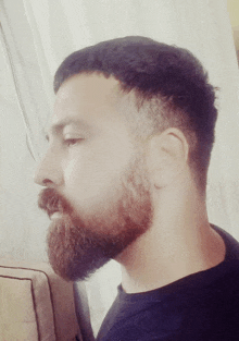 a man with a beard and a black shirt looks to the side
